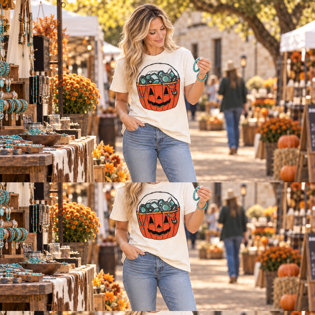 Woman wearing Gemstone Jack-O’-Lantern Ivory Halloween Tee at a Texas artisan market