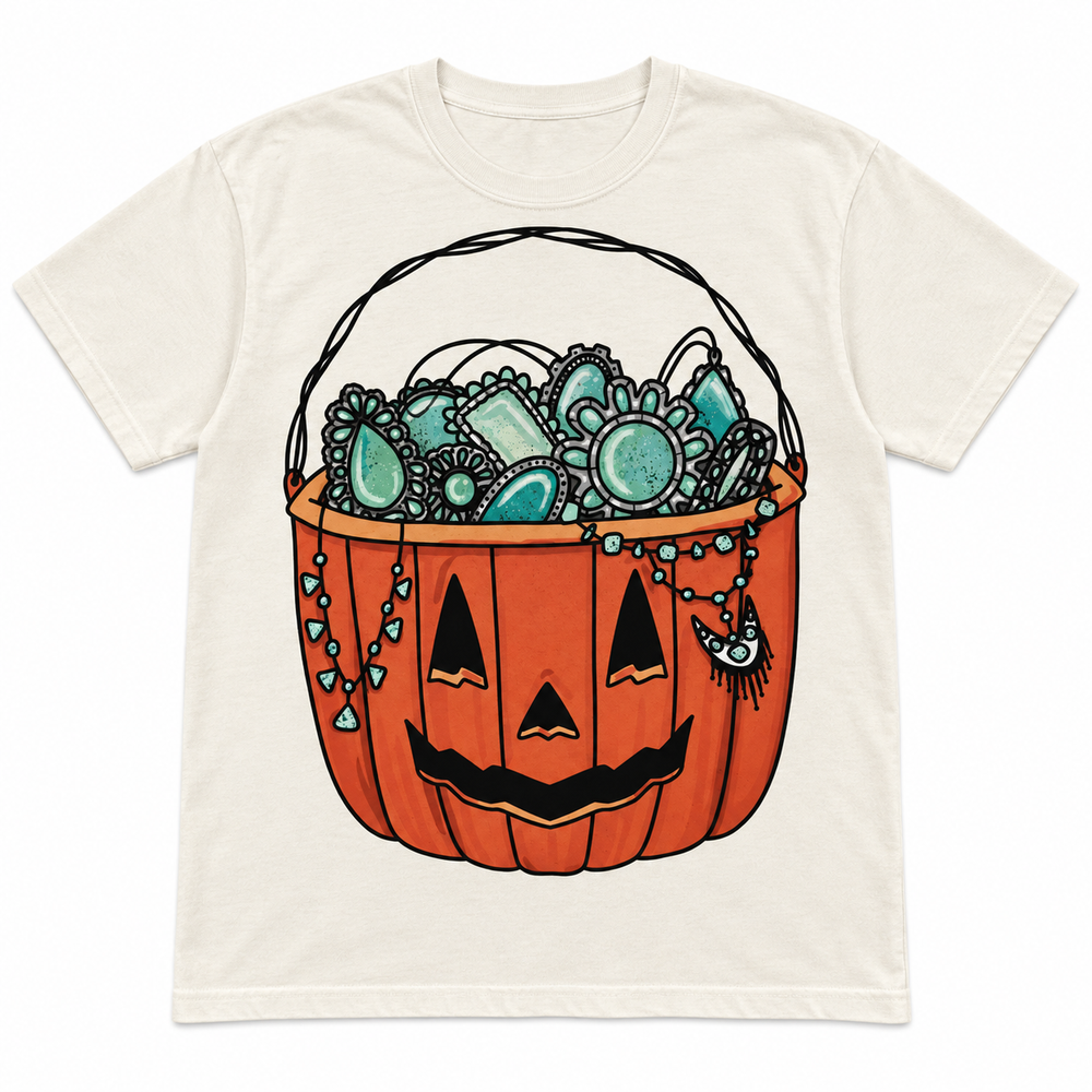 Gemstone Jack-O’-Lantern Ivory Halloween Tee laid flat on pure white