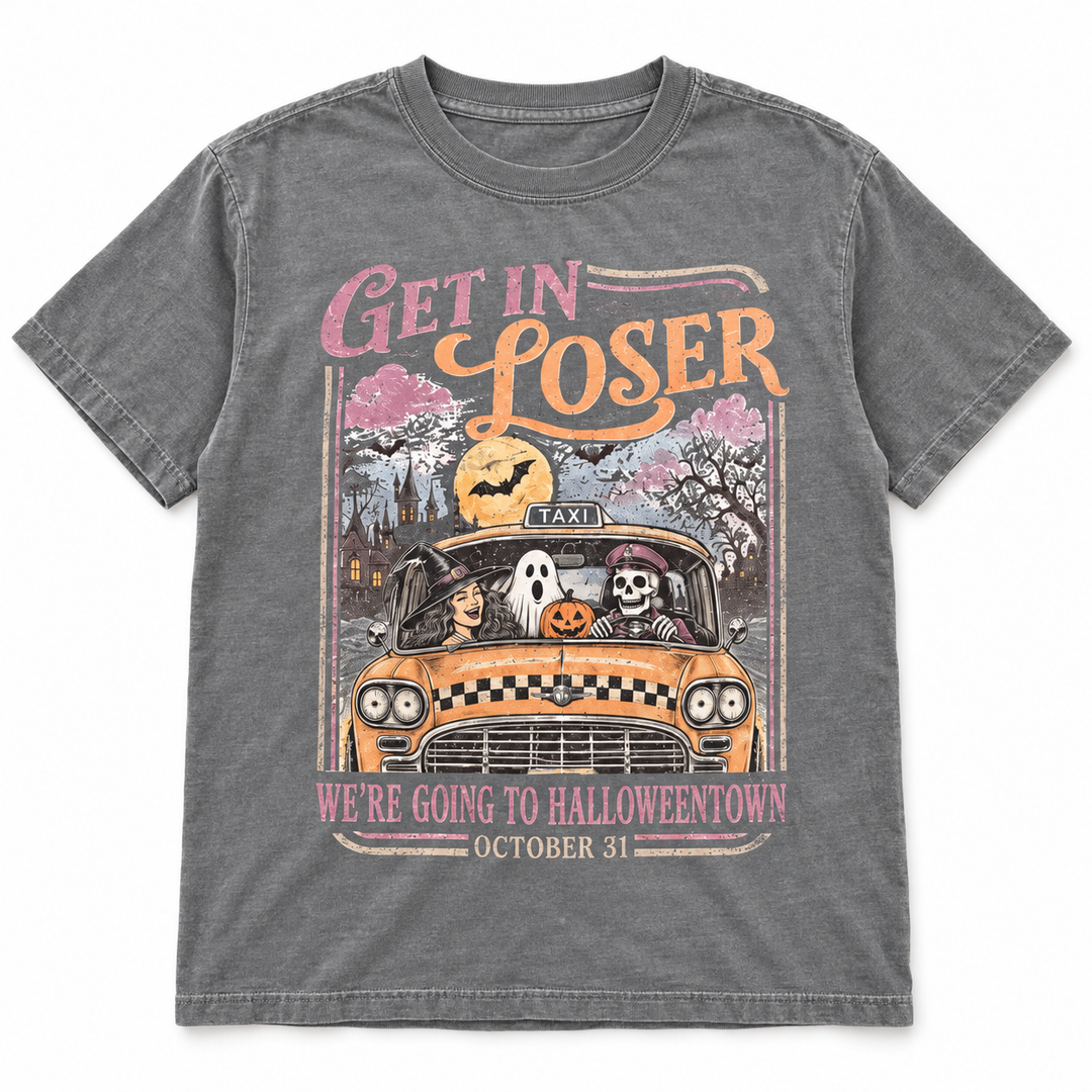 Get In Loser Halloweentown grey tee lay-flat on white