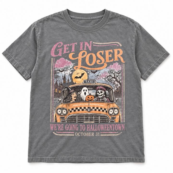 Get In Loser Halloweentown grey tee lay-flat on white