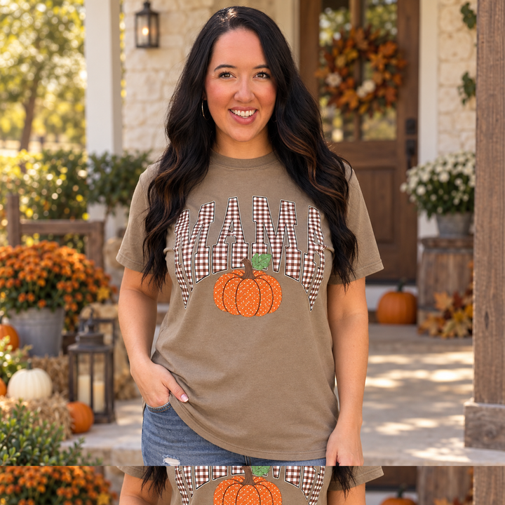 Gingham Mama Pumpkin Fall Graphic Tee complete-head featured model portrait