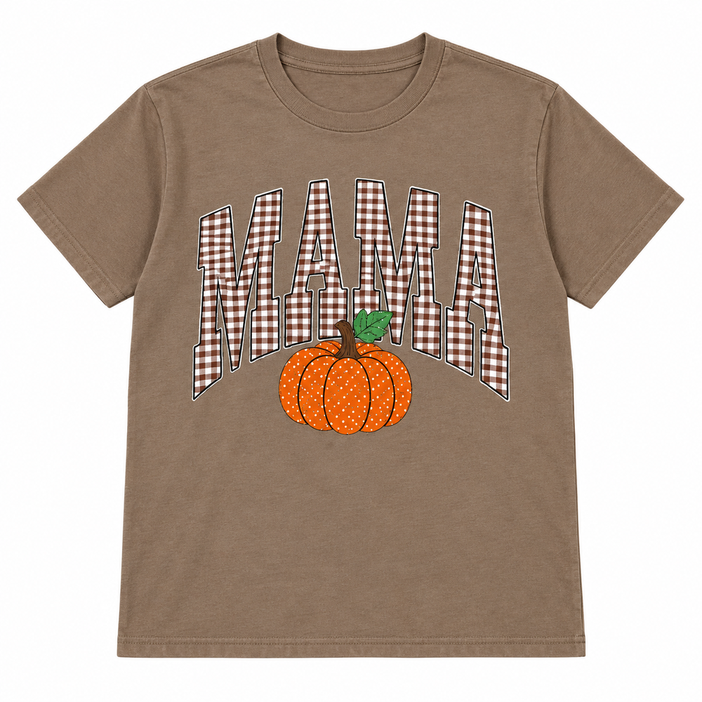 Gingham Mama Pumpkin Fall Graphic Tee complete lay-flat on pure white background