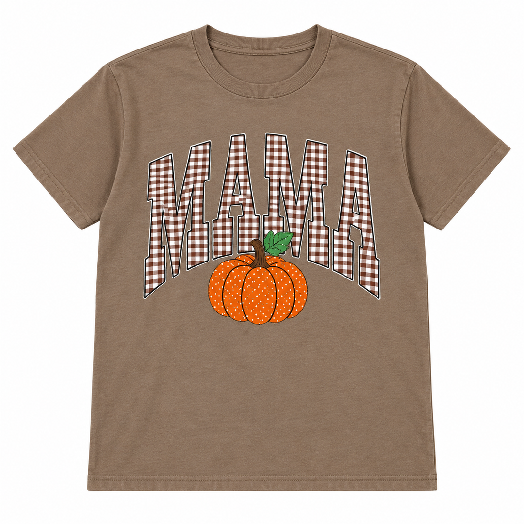 Gingham Mama Pumpkin Fall Graphic Tee complete lay-flat on pure white background