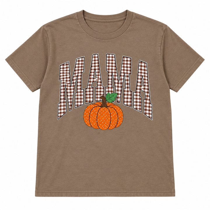 Gingham Mama Pumpkin Fall Graphic Tee complete lay-flat on pure white background