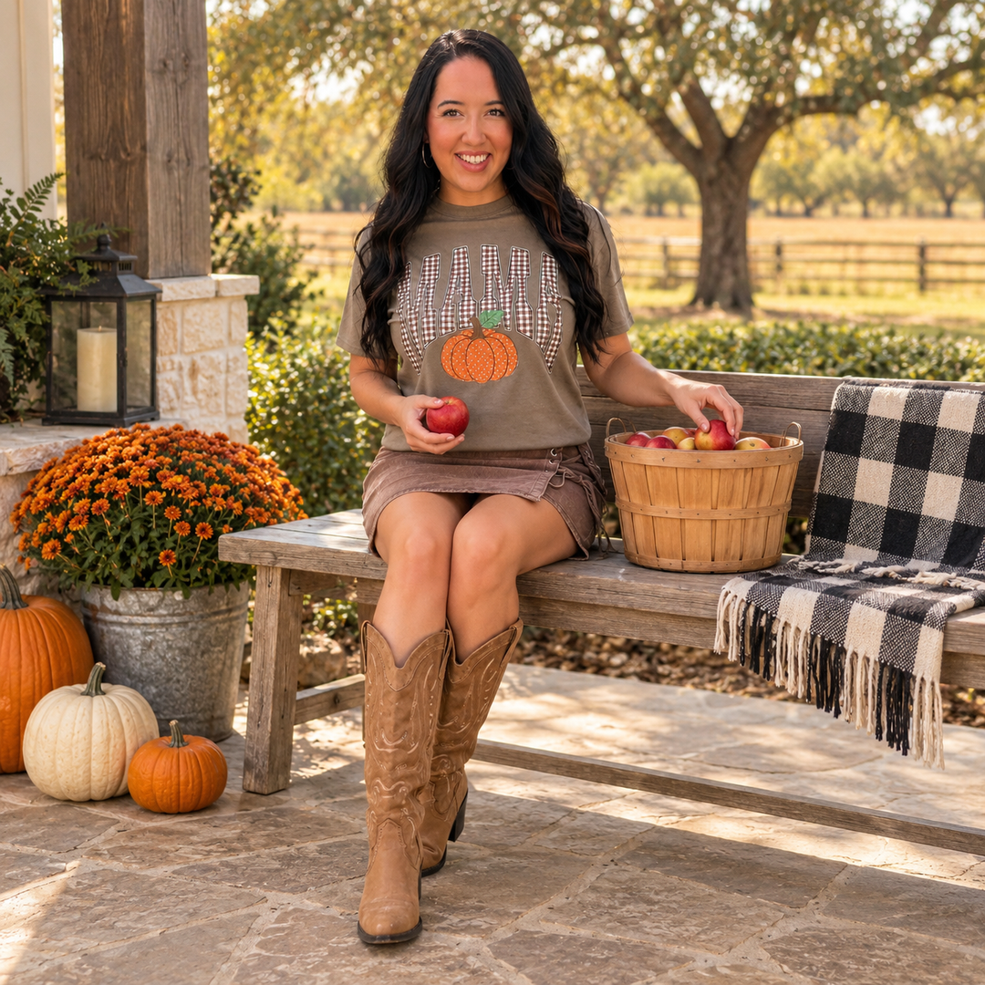 Gingham Mama Pumpkin Fall Graphic Tee full-body seated farmhouse lifestyle