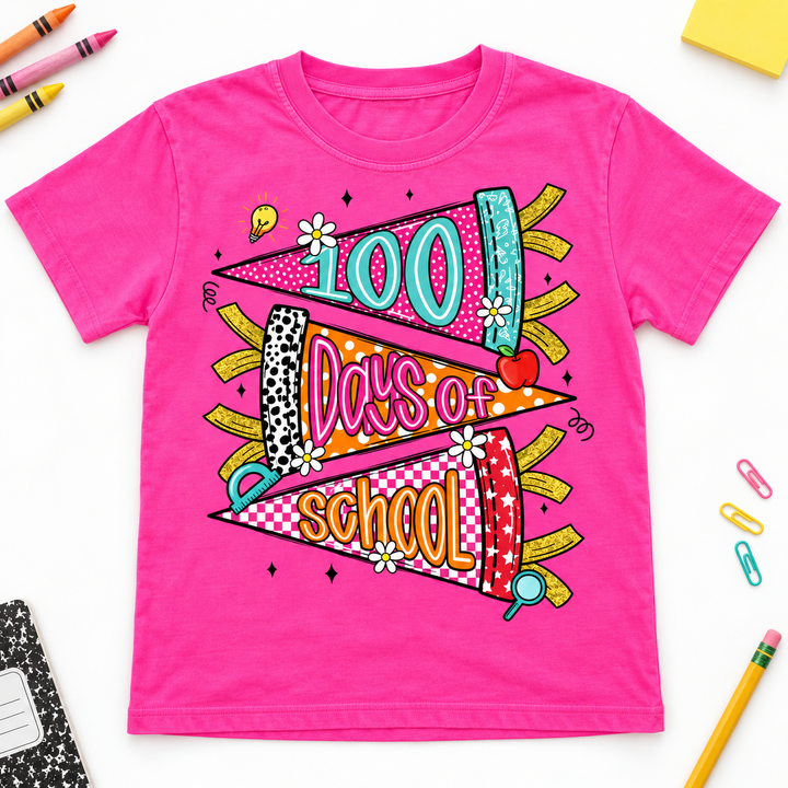 Girly 100 Days of School Neon Pink youth graphic T-shirt flat product view