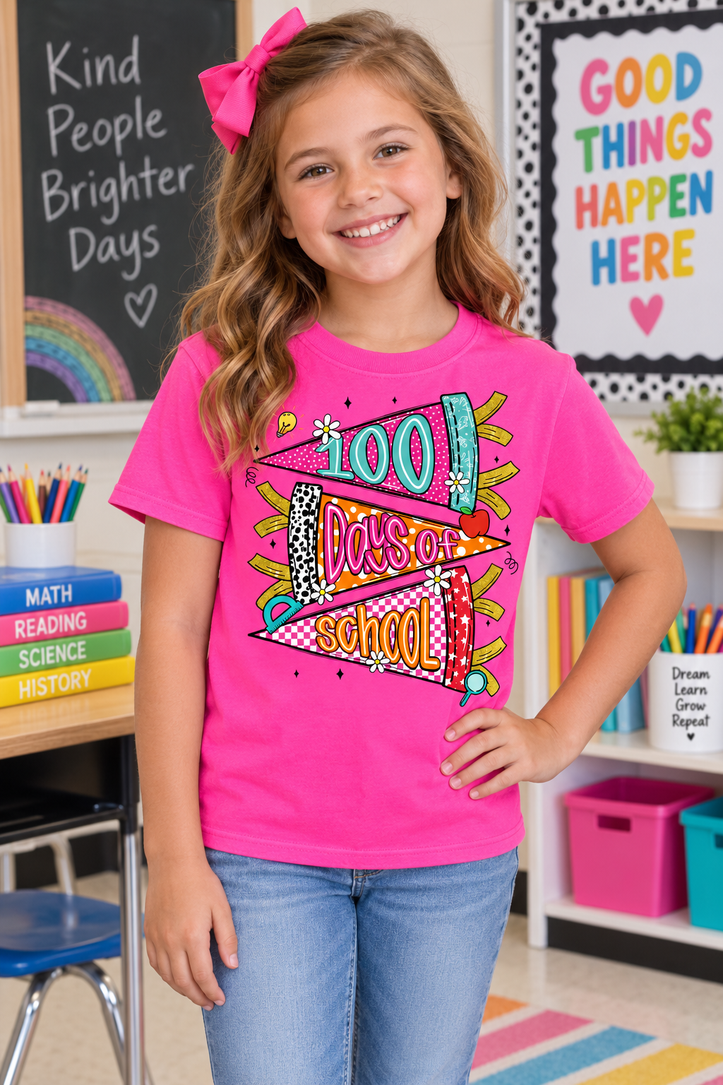 Girl wearing Girly 100 Days of School Neon Pink youth graphic T-shirt