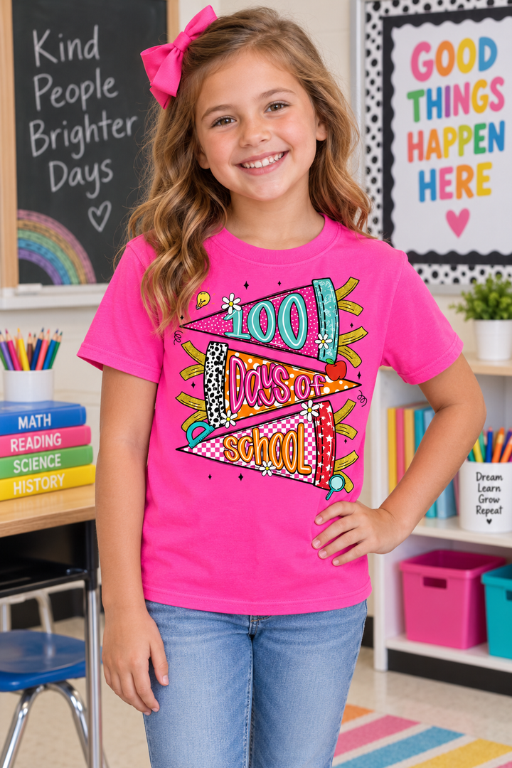 Girl wearing Girly 100 Days of School Neon Pink youth graphic T-shirt