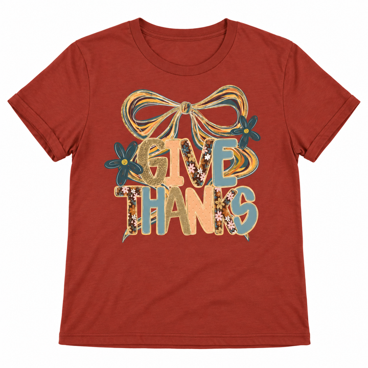 Give Thanks rust graphic tee complete product view on pure white