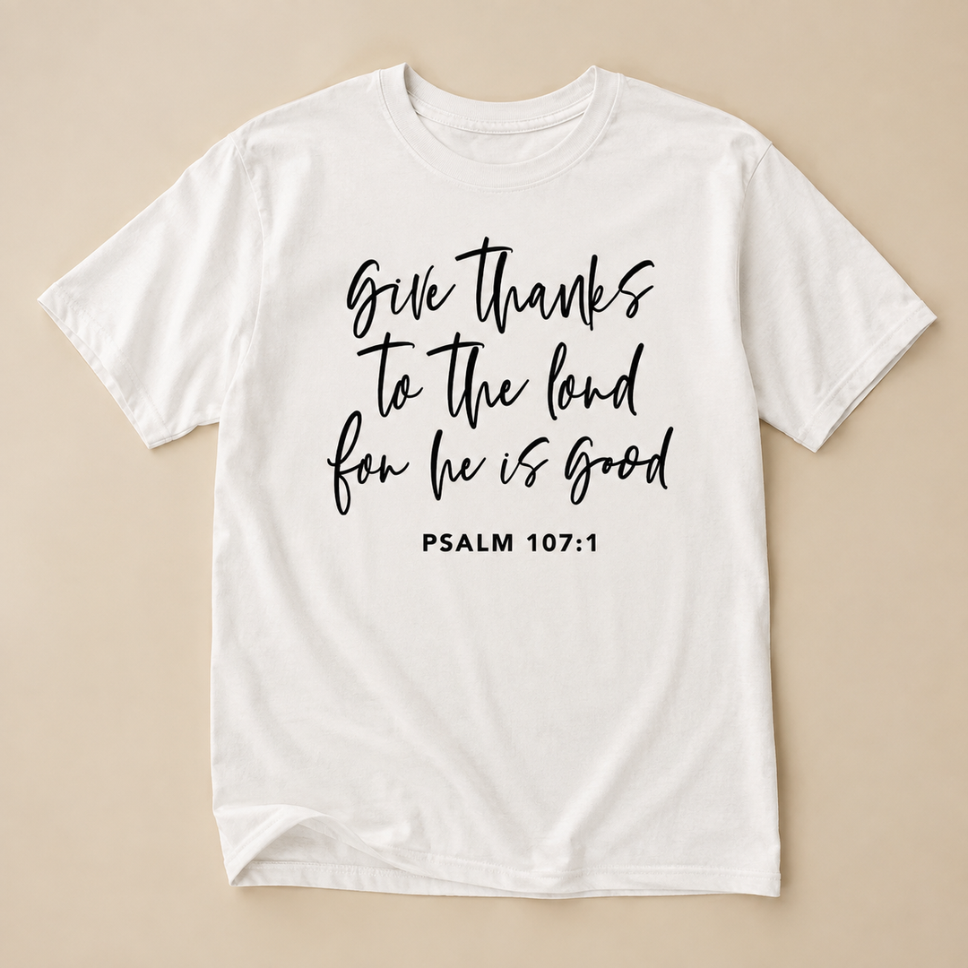 Ivory Give Thanks to the Lord Psalm 107:1 graphic T-shirt, flat product view