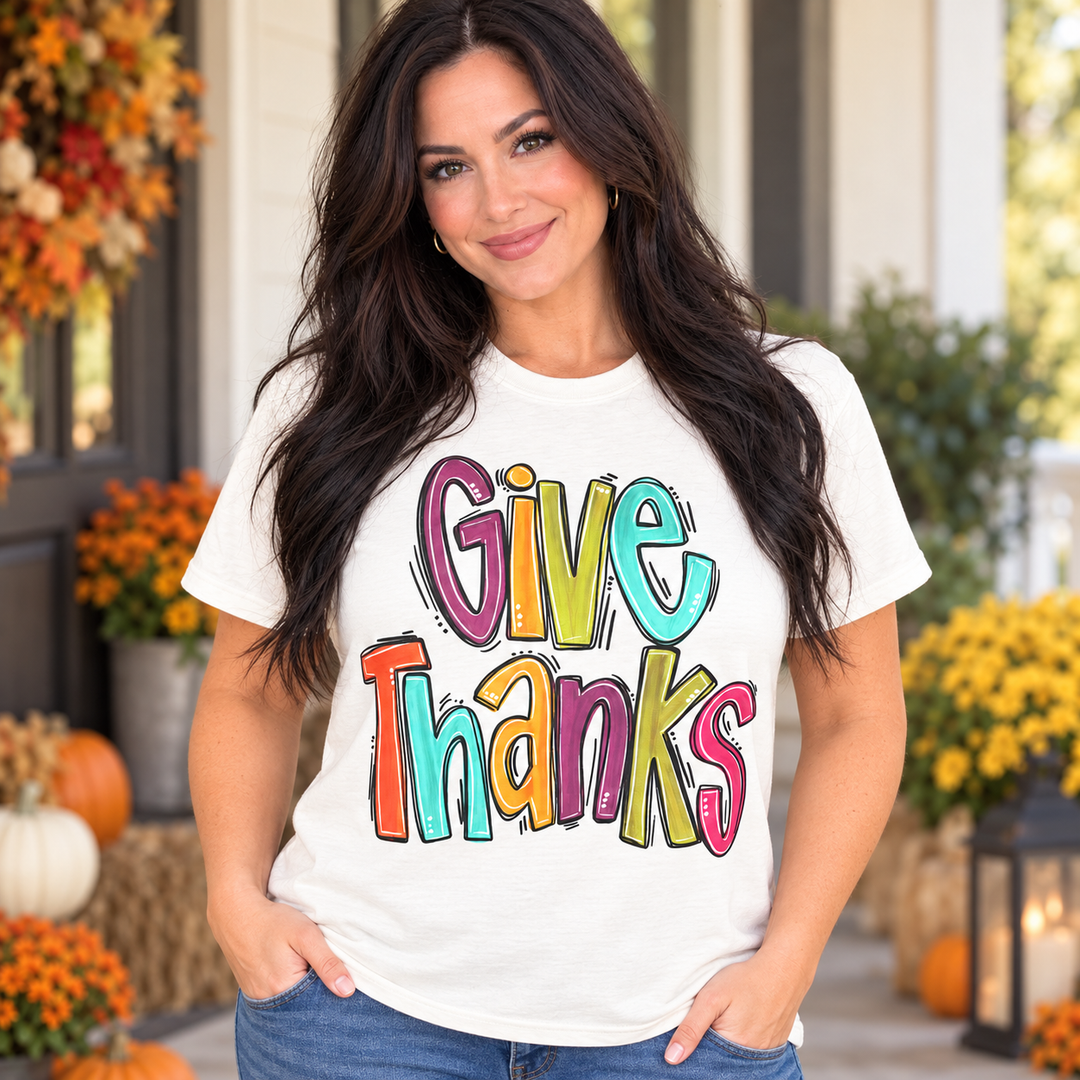 Give Thanks natural fall graphic tee close model view