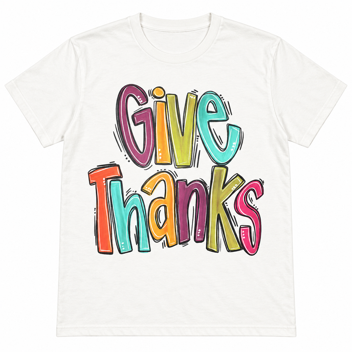 Give Thanks natural graphic tee complete lay-flat on white