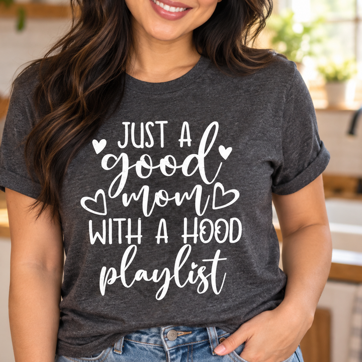 Good Mom With A Hood Playlist charcoal tee close-up model