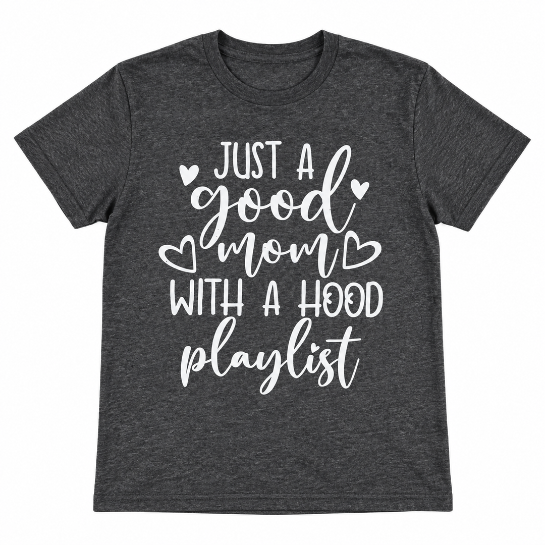 Good Mom With A Hood Playlist charcoal tee lay-flat on white