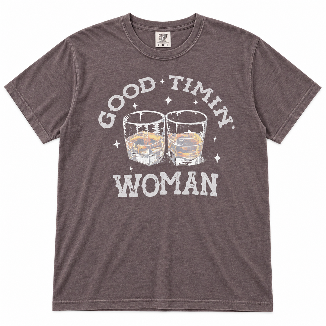 Good Timin Woman heather brown graphic tee on a clean white background