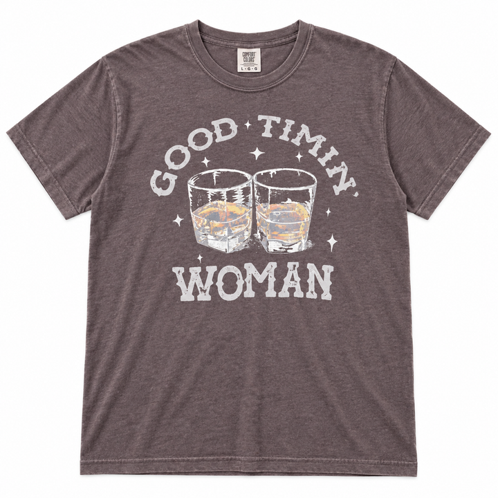Good Timin Woman heather brown graphic tee on a clean white background