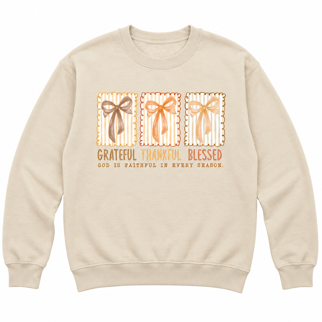 Grateful and Thankful Bows Tan Fall Crewneck lay-flat on pure white background