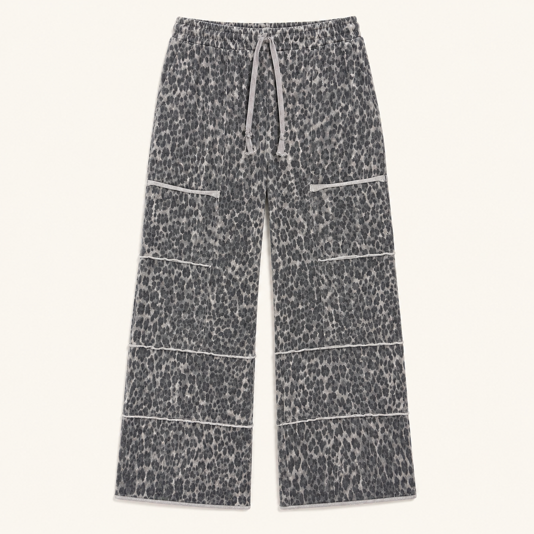 Gray leopard wide-leg lounge pants with drawstring waist and patch pockets, product view