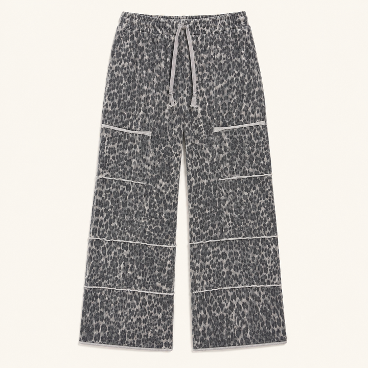 Gray leopard wide-leg lounge pants with drawstring waist and patch pockets, product view