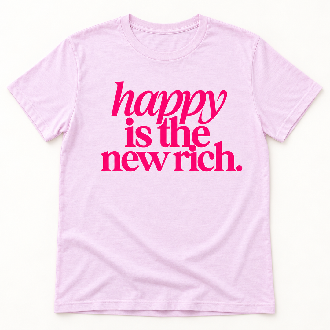Happy Is the New Rich light pink graphic tee flat product view