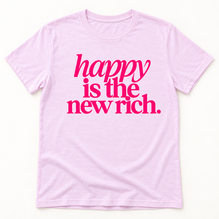 Happy Is the New Rich light pink graphic tee flat product view