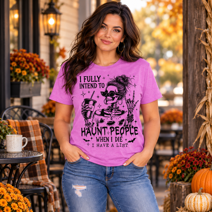 Haunt People When I Die heather orchid graphic tee on model in a small-town fall setting