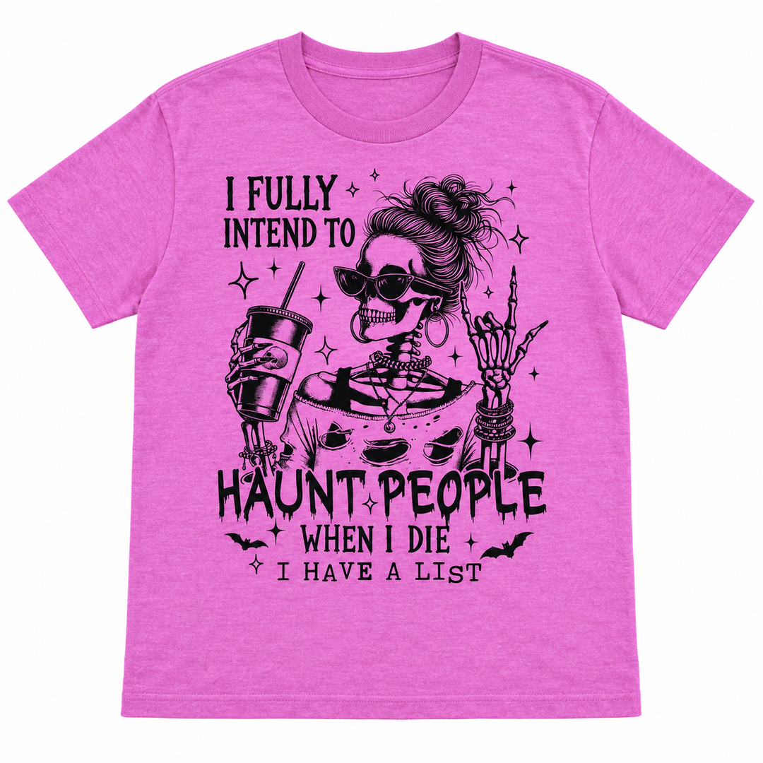 Haunt People When I Die heather orchid graphic tee complete lay-flat on white