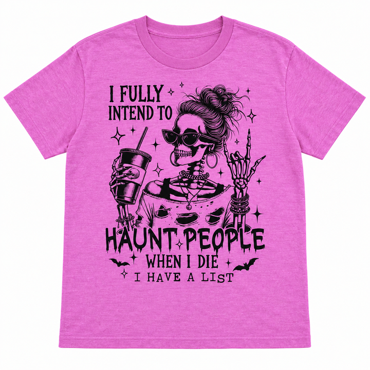 Haunt People When I Die heather orchid graphic tee complete lay-flat on white