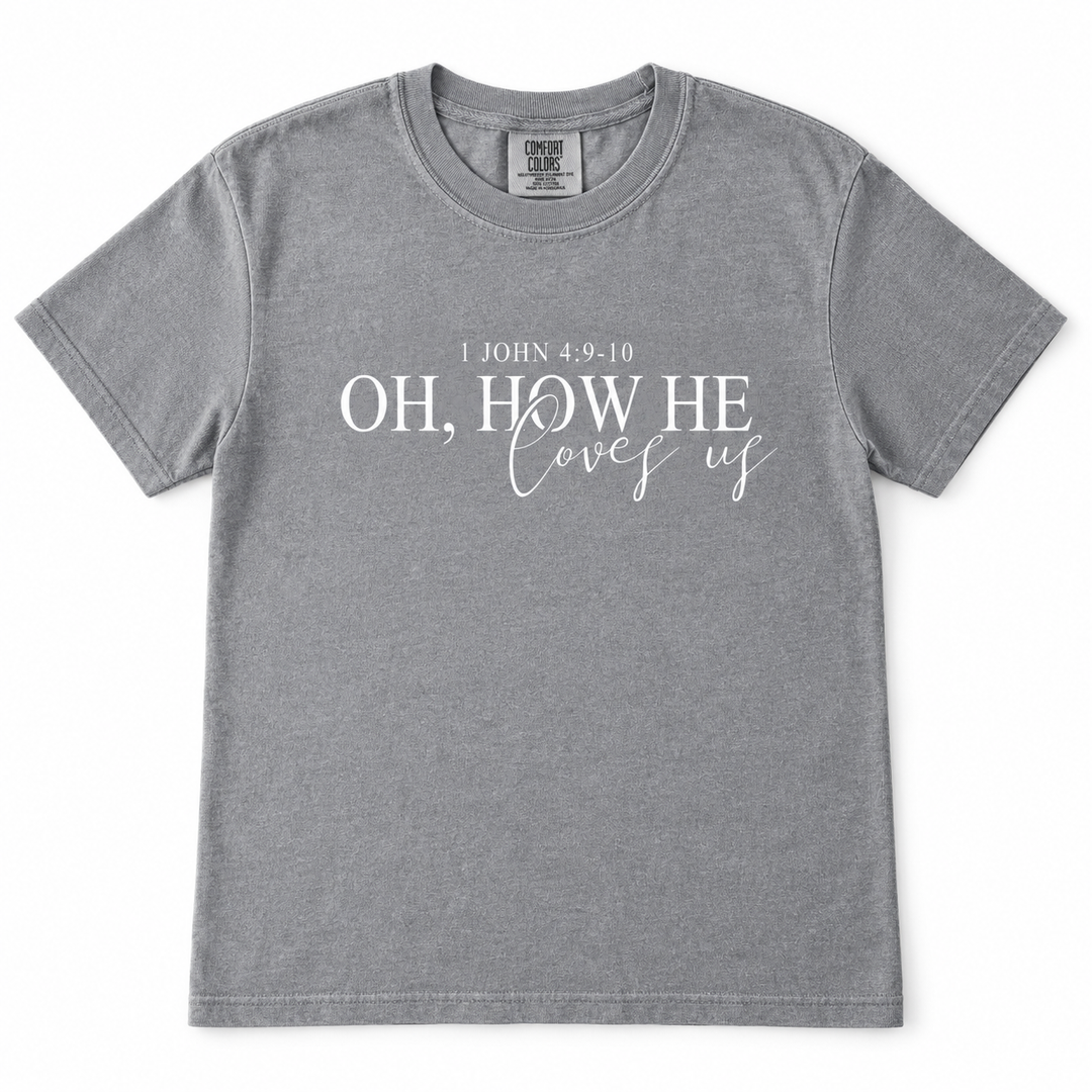 Oh, How He Loves Us Grey faith T-shirt flat product view