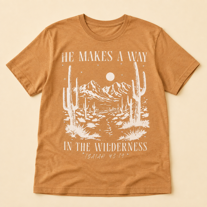 Heather rust He Makes a Way in the Wilderness rhinestone faith tee, flat product view
