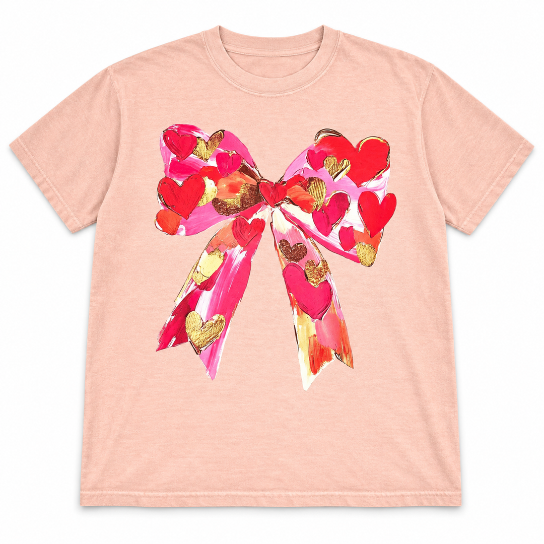 Peach Heart and Bow Valentine graphic tee on a pure white background