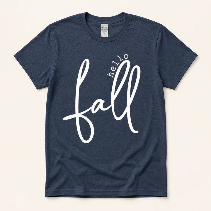 Hello Fall heather navy graphic tee, front product view