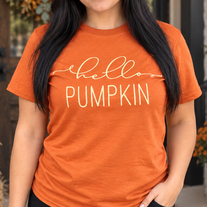 Woman modeling Hello Pumpkin Texas Orange fall graphic tee