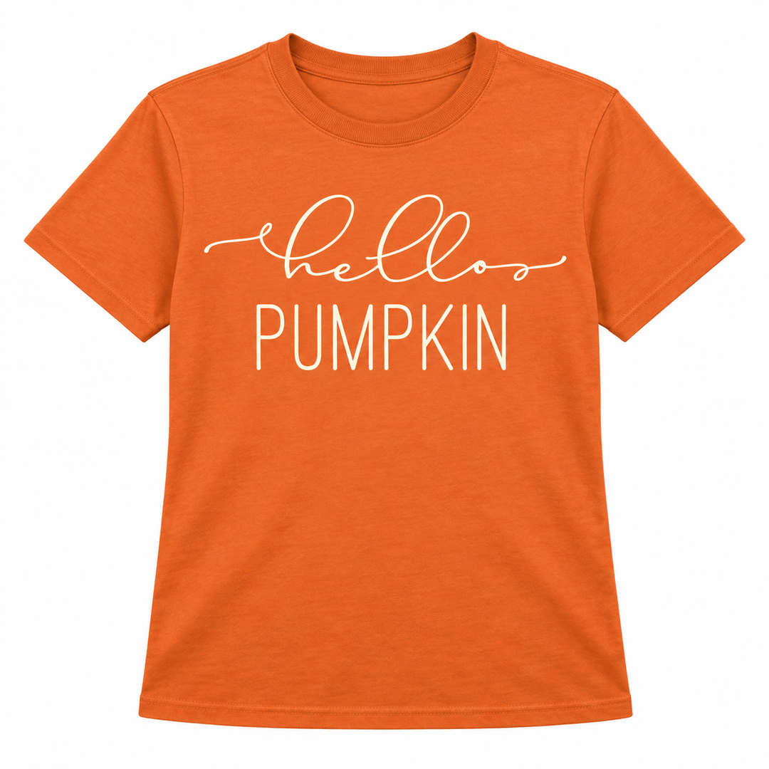 Hello Pumpkin Texas Orange fall graphic tee flat lay on white