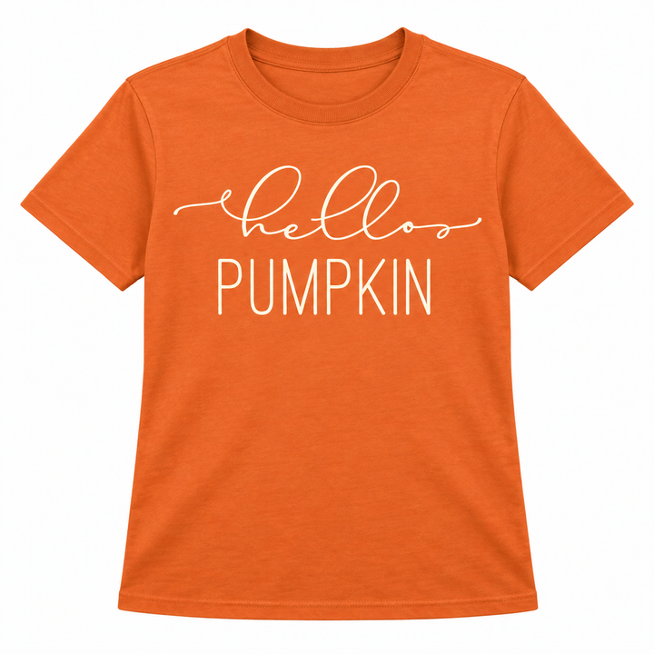 Hello Pumpkin Texas Orange fall graphic tee flat lay on white