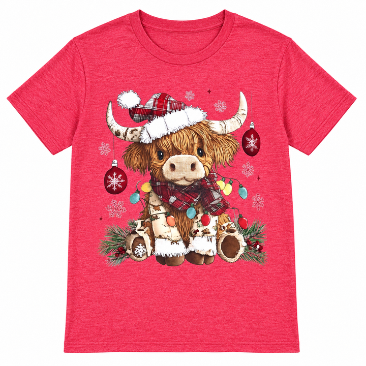 Heather red lighted Highland cow Christmas graphic tee laid flat on pure white