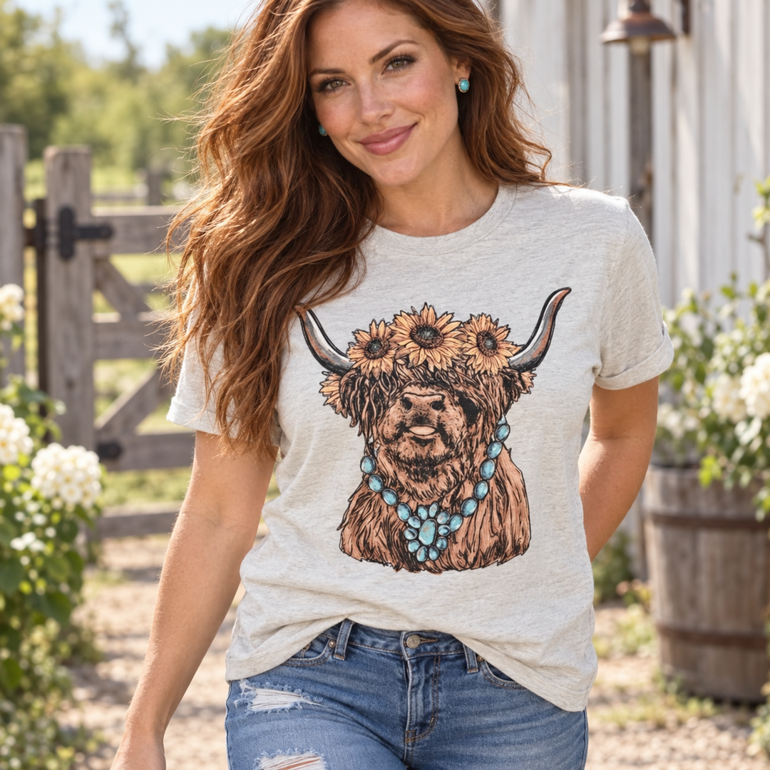 Highland Cow Gemstone oatmeal tee close model view at a farmhouse gate