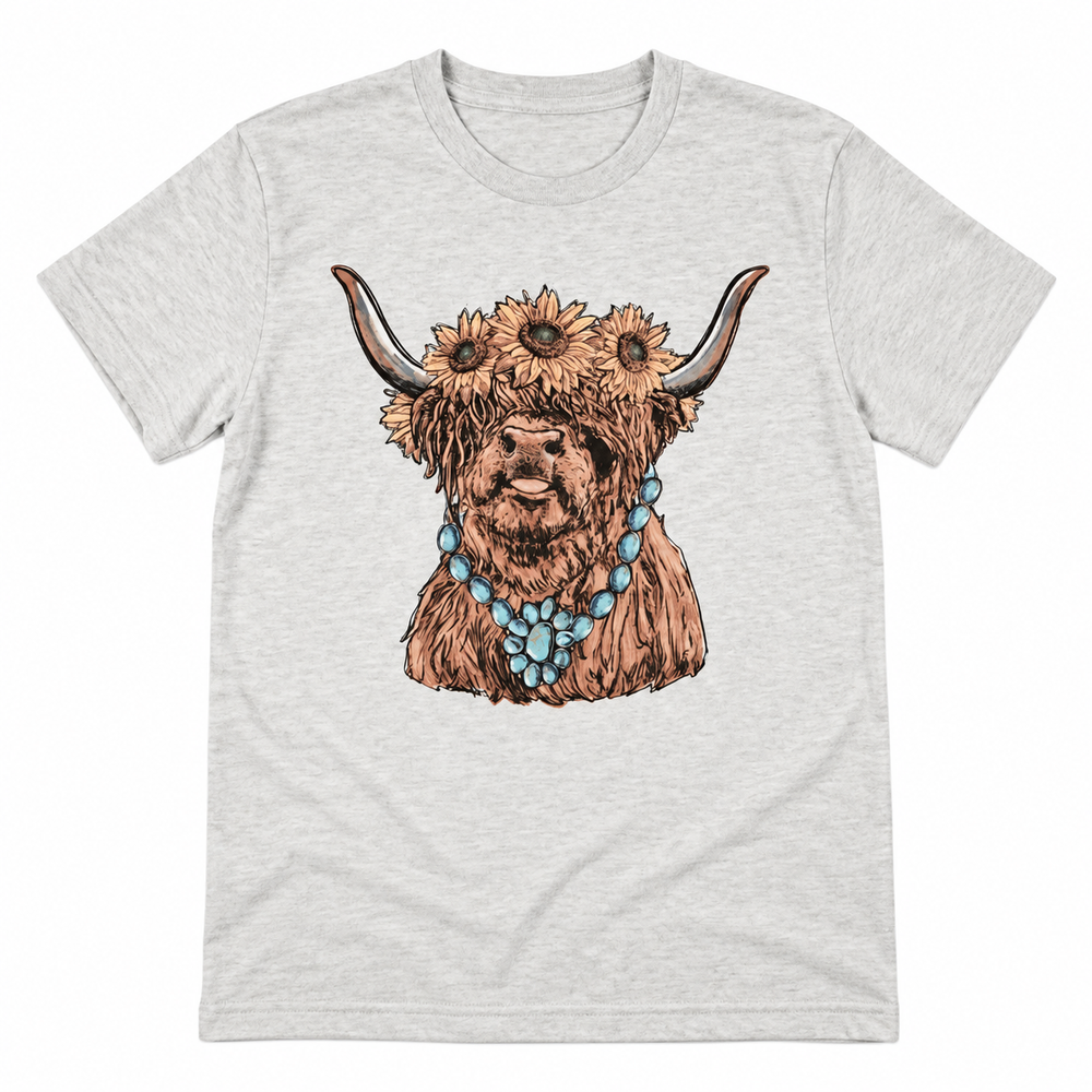 Highland Cow Gemstone oatmeal graphic tee lay-flat on white