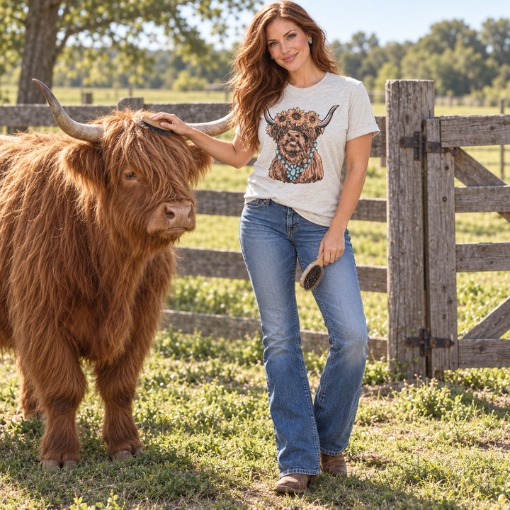 Highland Cow Gemstone oatmeal tee full-body cow grooming lifestyle