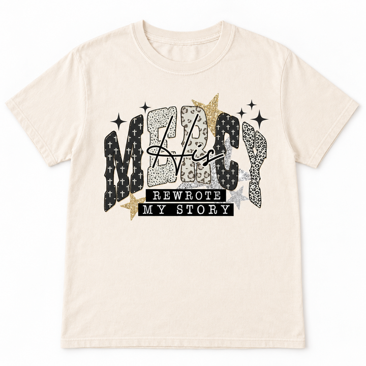 His Mercy Rewrote My Story ivory faith graphic tee, clean flat product view