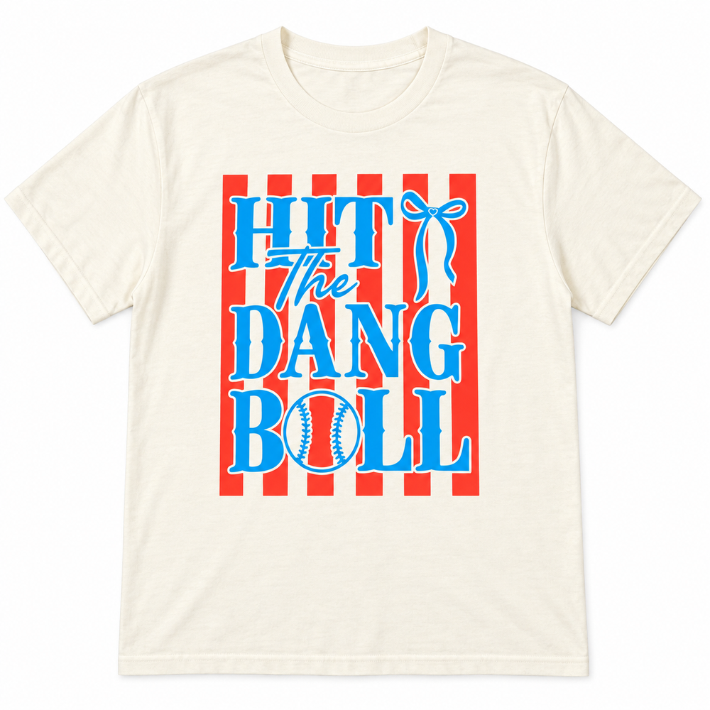 Hit the Dang Ball ivory baseball graphic tee complete lay-flat on white