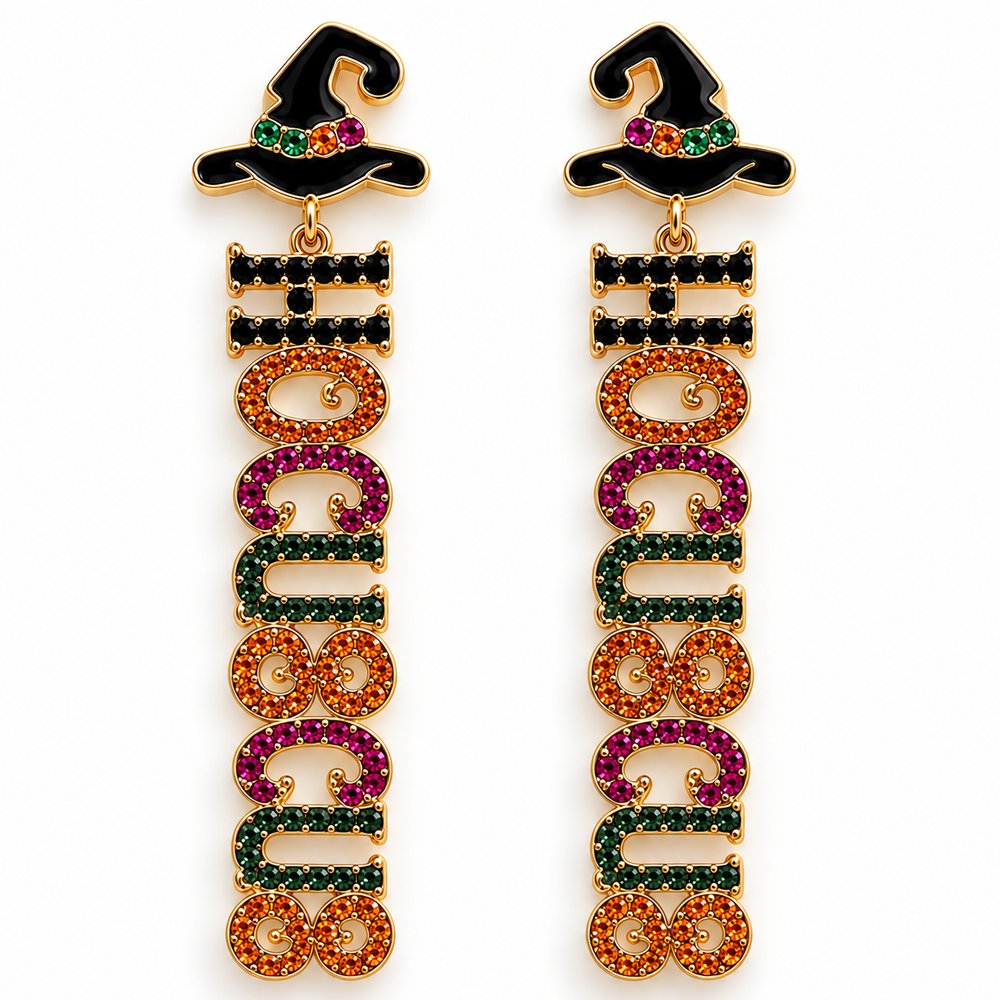 Hocus Pocus witch hat statement earrings arranged on a clean white background