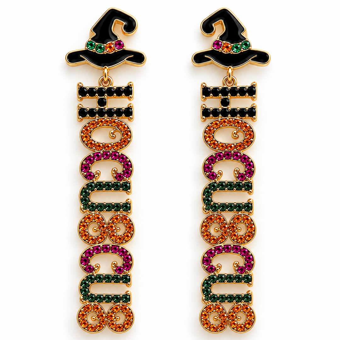 Hocus Pocus witch hat statement earrings arranged on a clean white background