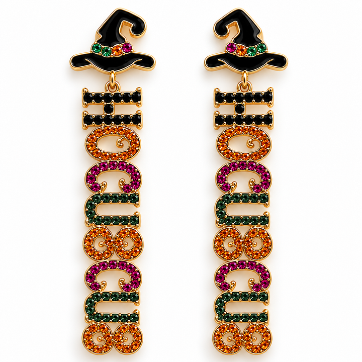 Hocus Pocus witch hat statement earrings arranged on a clean white background