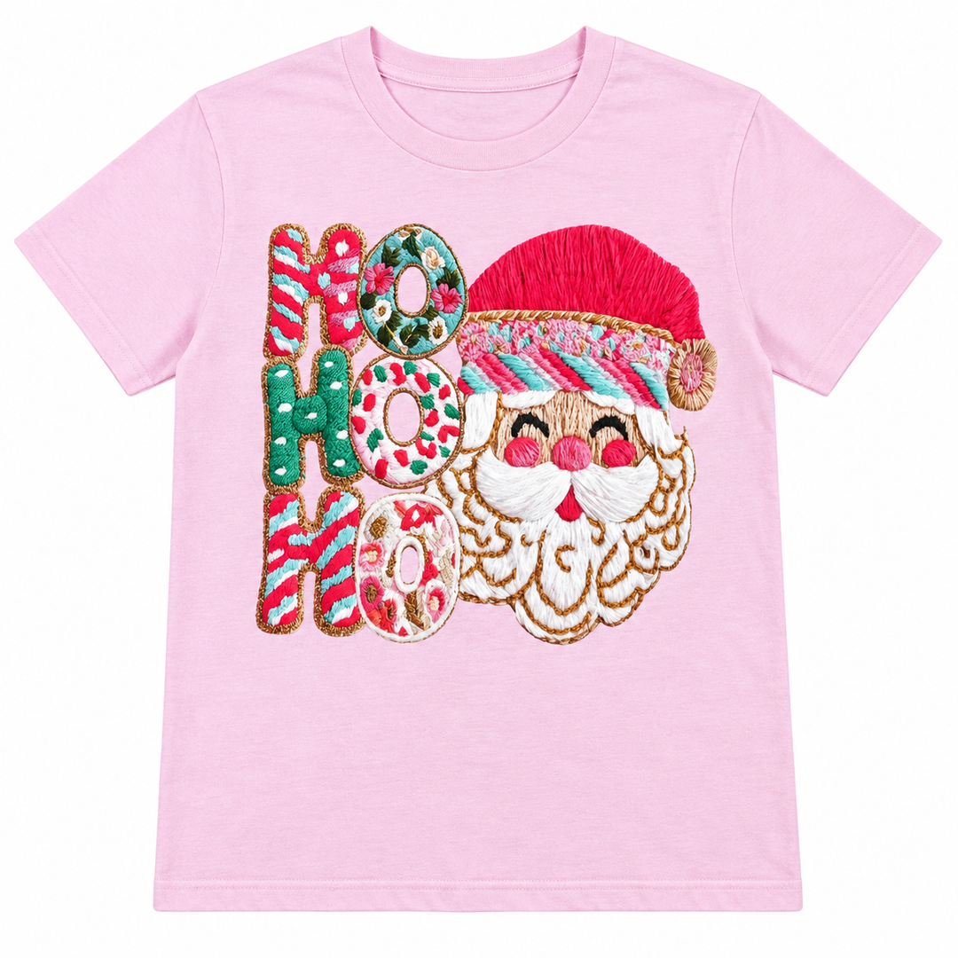 Light pink Ho Ho Ho Yarn Santa Christmas graphic tee on a pure white background