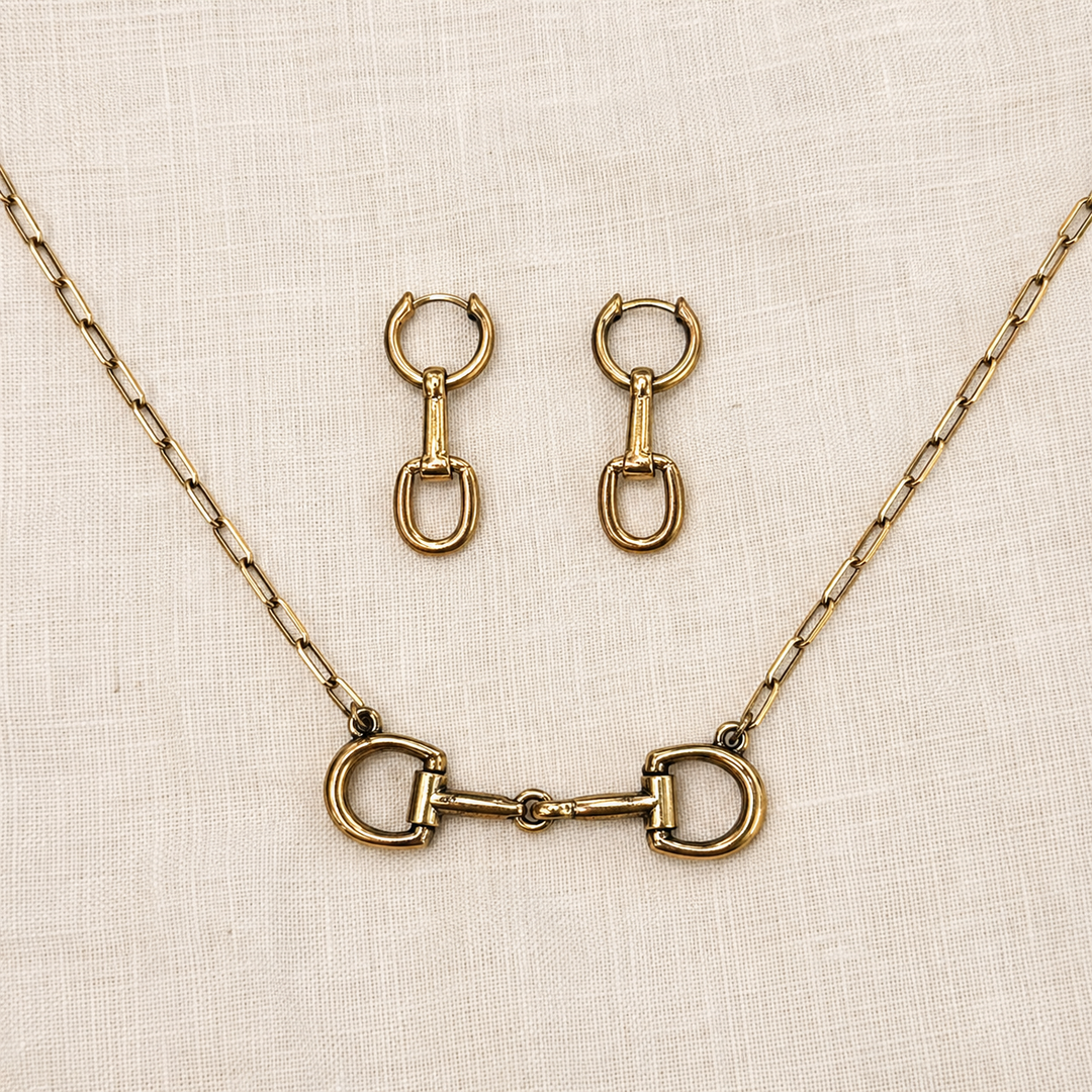 Faux gold horse bit necklace and matching linked-bit earrings, jewelry set product view