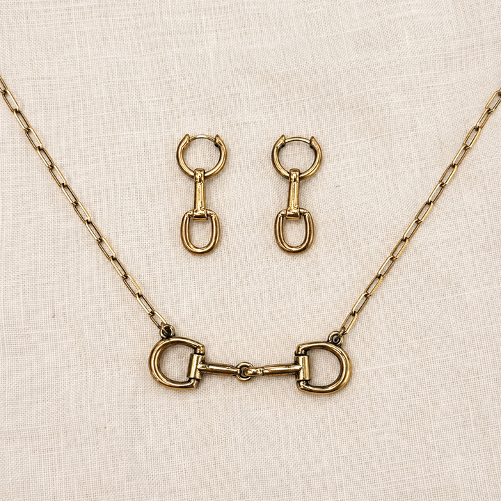 Faux gold horse bit necklace and matching linked-bit earrings, jewelry set product view