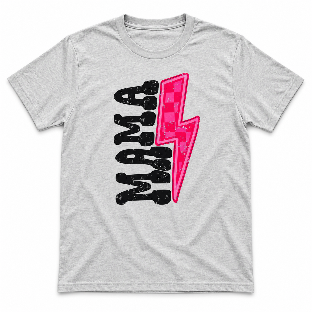 Hot Pink Lightning Mama grey tee lay-flat on white