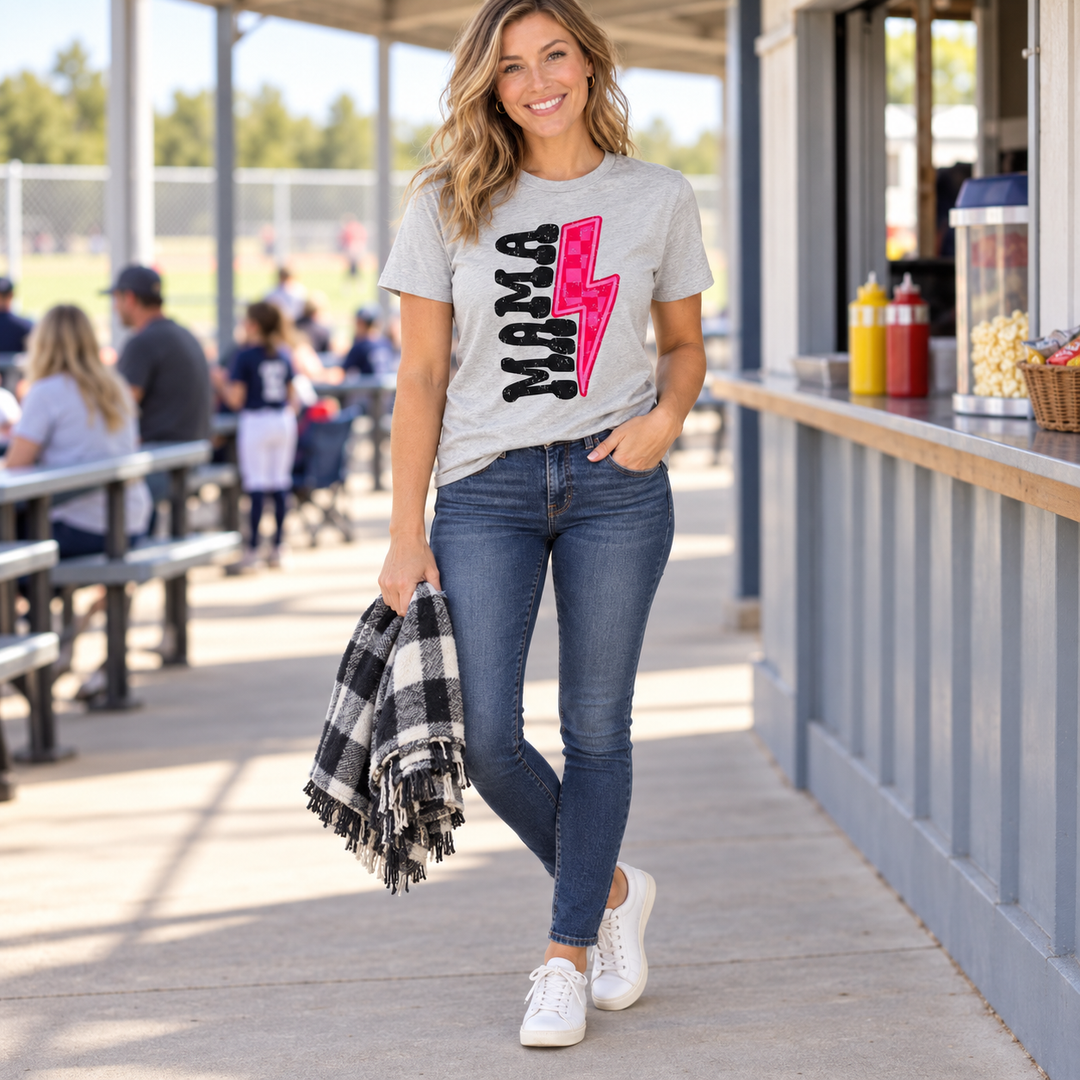 Hot Pink Lightning Mama grey tee full-body small-town sports lifestyle