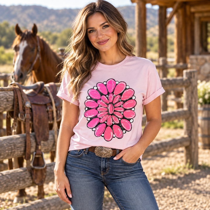 Hot Pink Stone pale pink graphic tee close Western ranch lifestyle